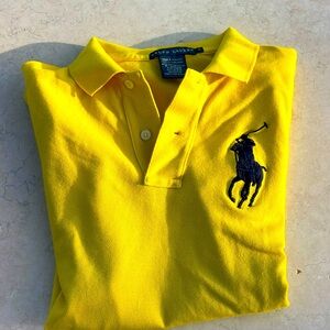 RALPH LAUREN womens SIZE SMALL bright yellow with LARGE polo emblem shirt